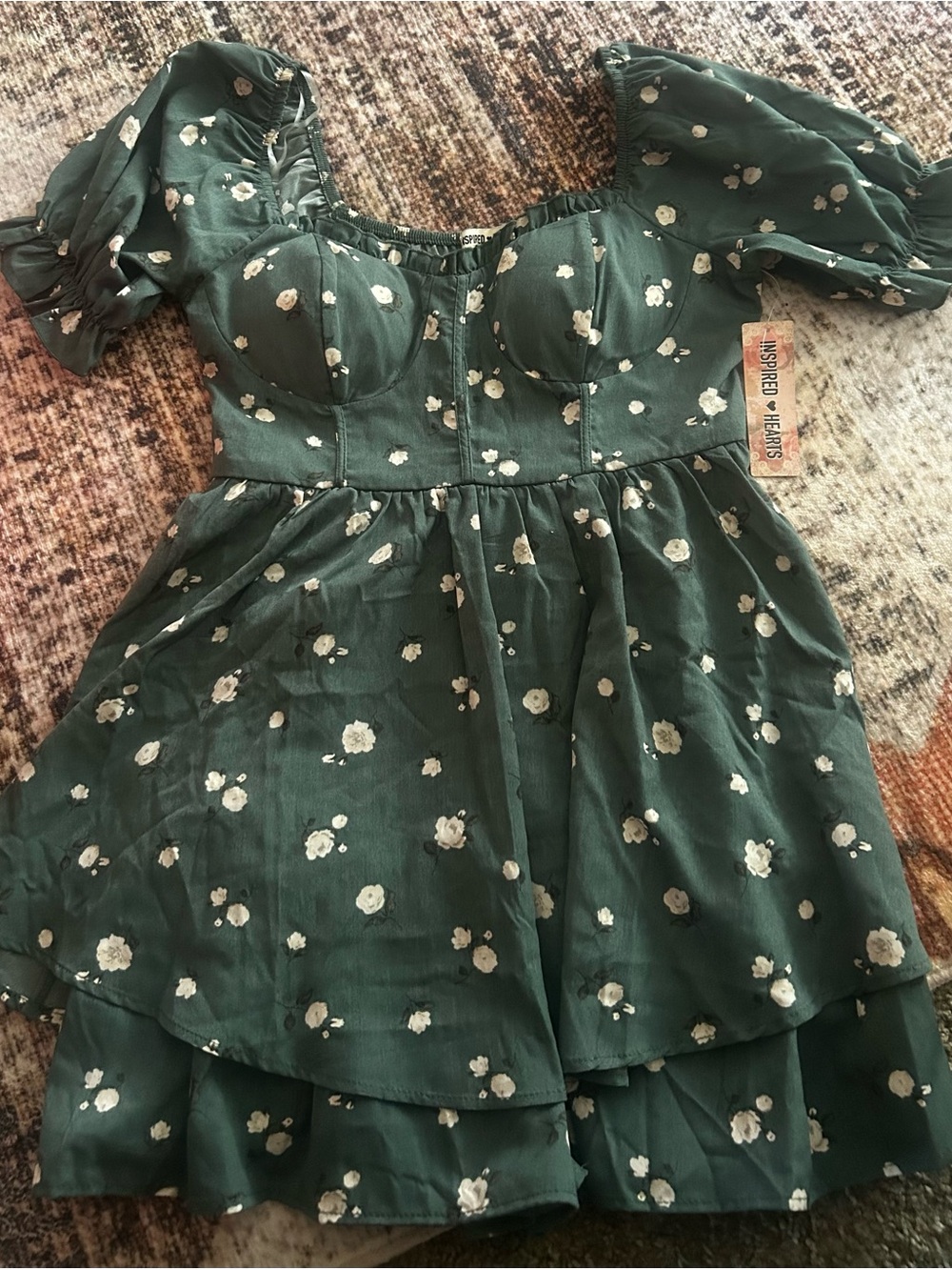 Inspired Hearts Green Floral Puff Sleeve Mini Dress